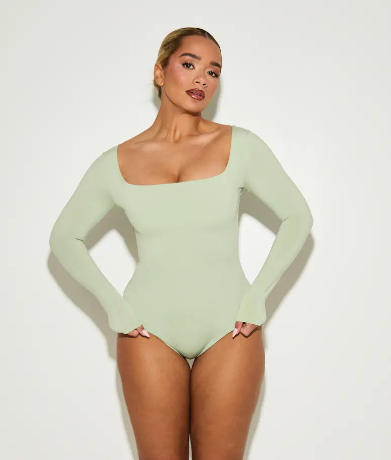 Long Sleeve Square Neck Tummy Control ‘Charlie’ Bodysuit - Matcha Elrstyle