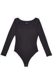 Long Sleeve Square Neck Tummy Control ‘Charlie’ Bodysuit - Black Elrstyle