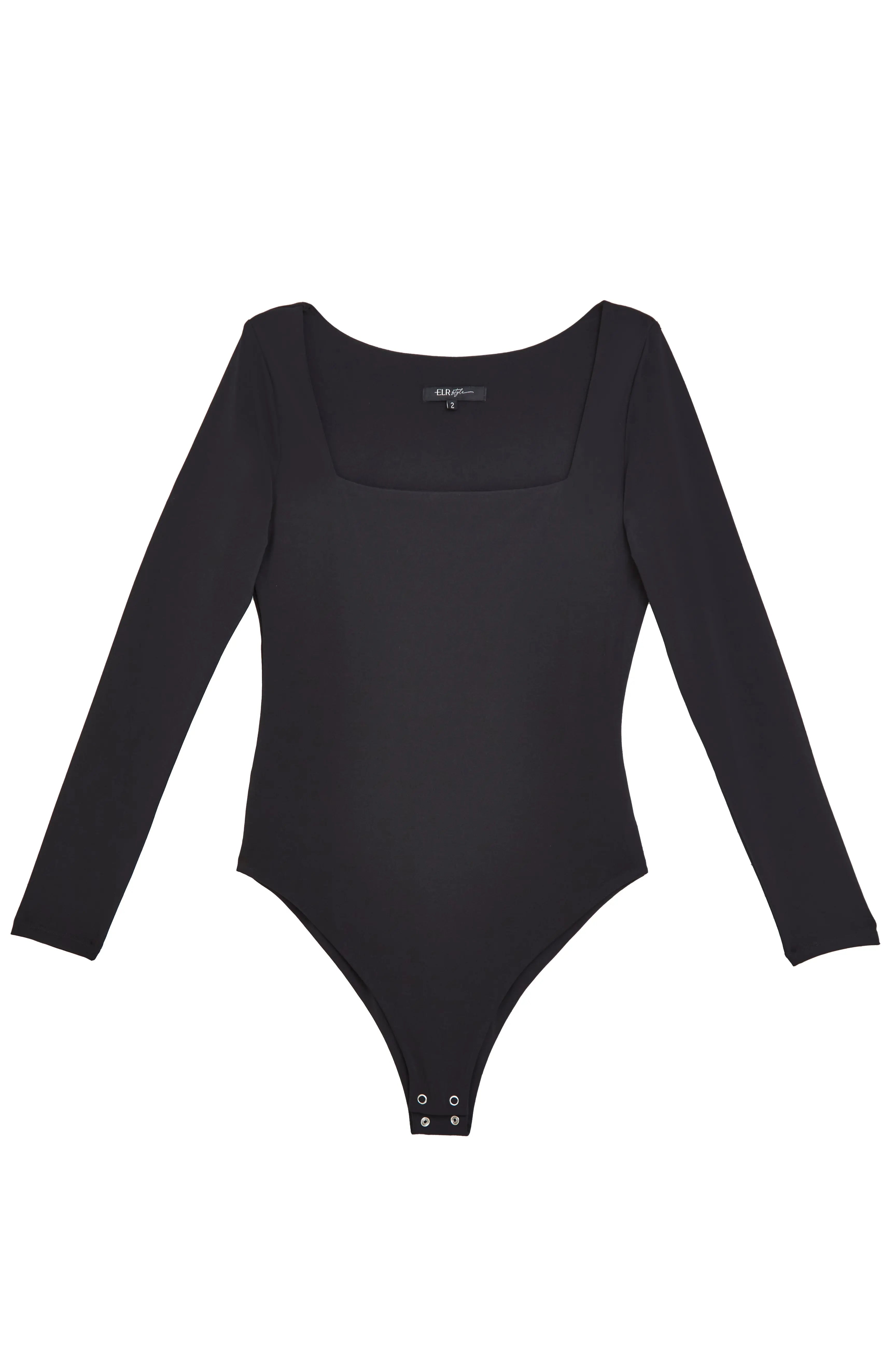 Long Sleeve Square Neck Tummy Control ‘Charlie’ Bodysuit - Black Elrstyle