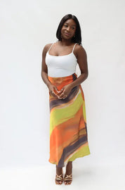 Satin Maxi 'Lucia' Skirt in Green Swirl Print Elrstyle
