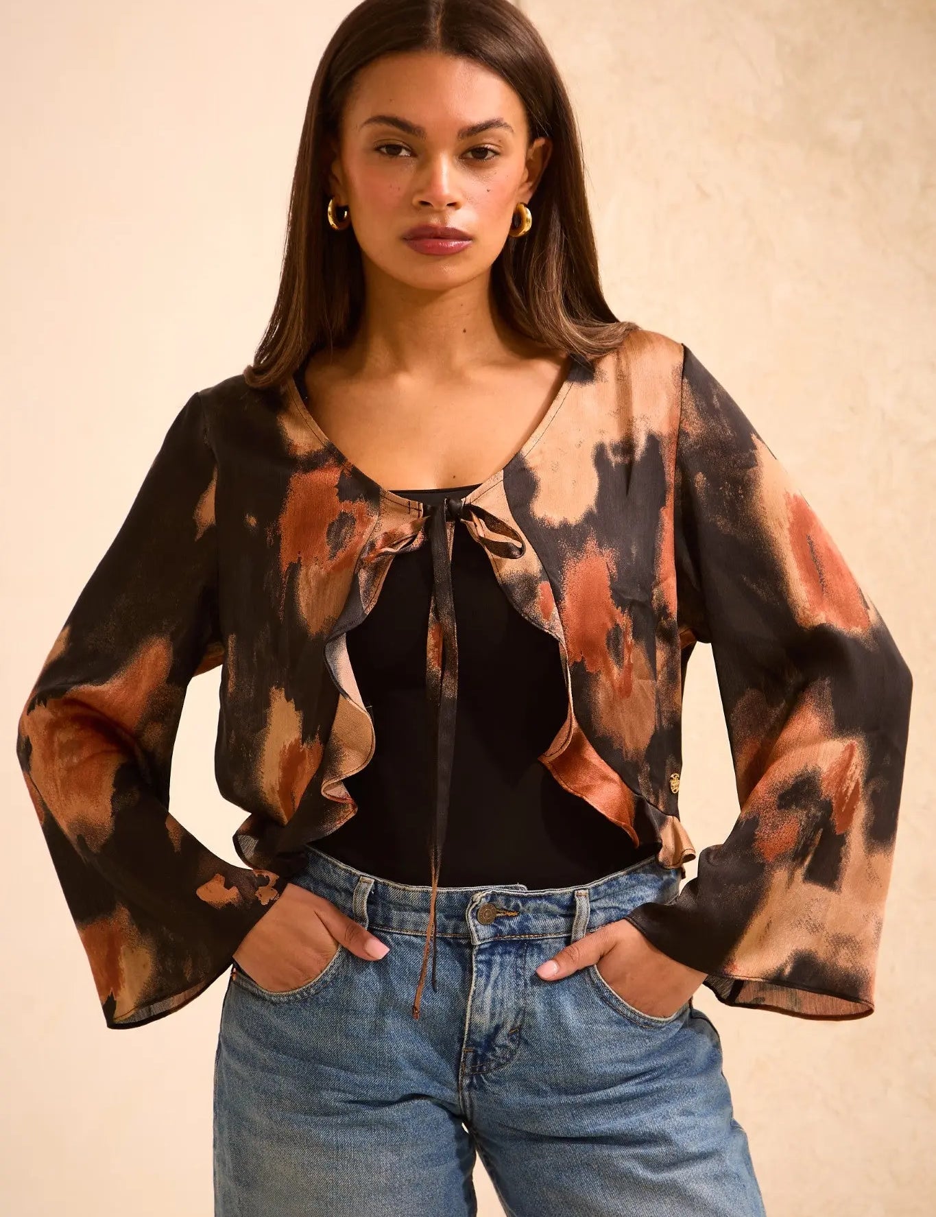 Blurred Print Tie-Front 'Esme' Top with Fluted Sleeves (Limited Edition) RELR