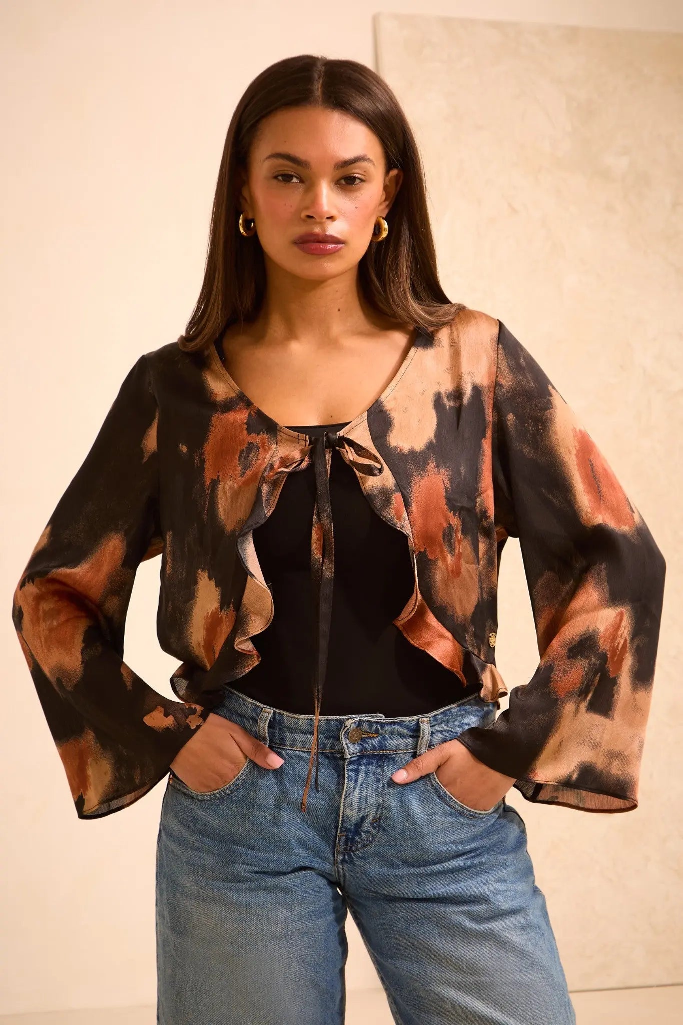 Blurred Print Tie-Front 'Esme' Top with Fluted Sleeves (Limited Edition) RELR
