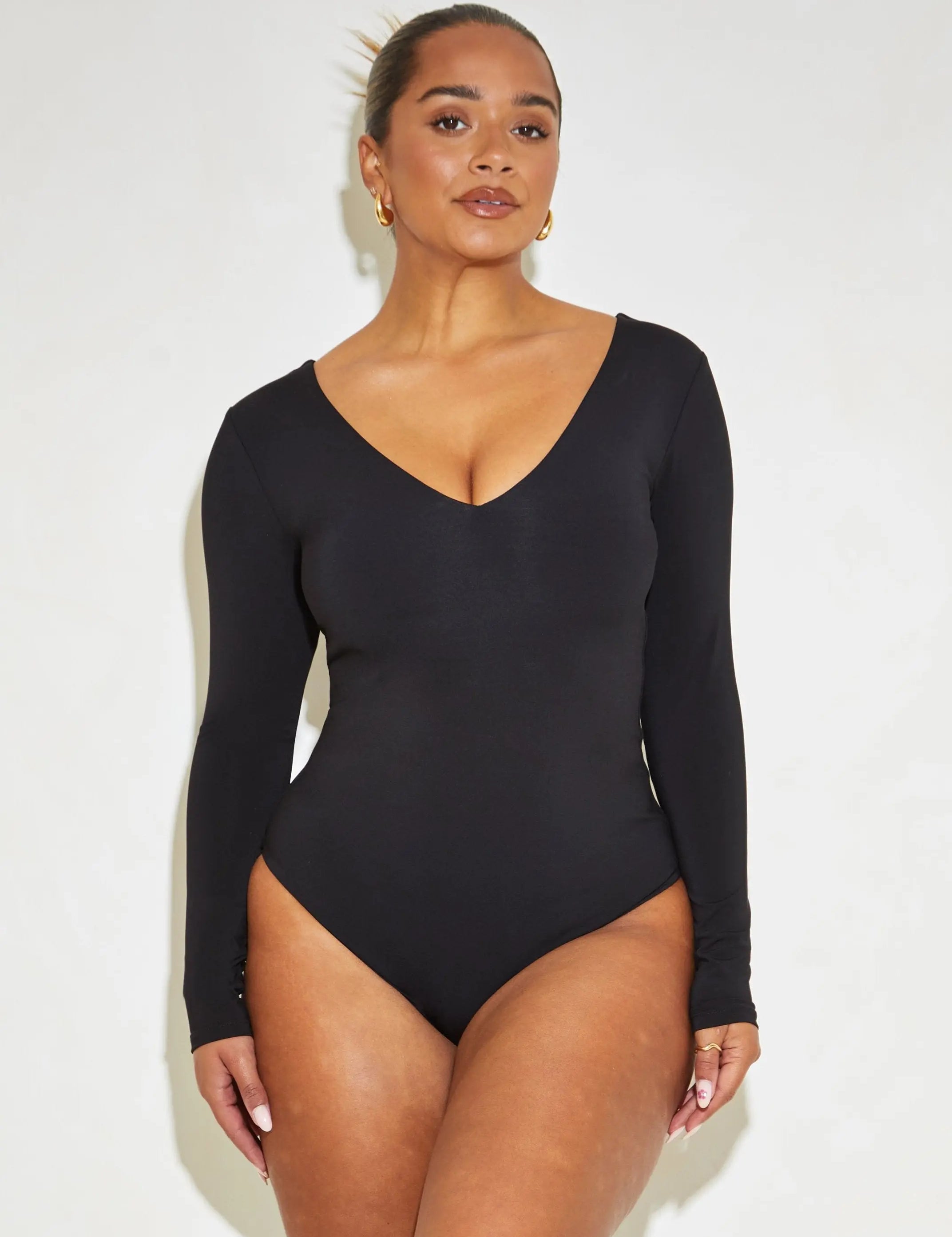 Long Sleeve Plunge Neck 'Grace' Bodysuit - Black Elrstyle