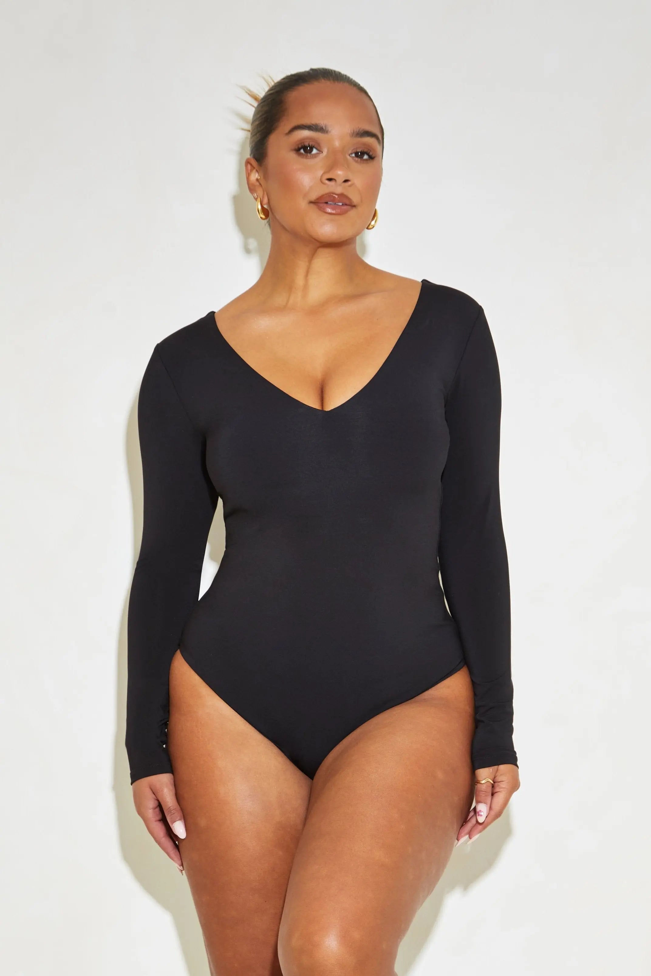 Long Sleeve Plunge Neck 'Grace' Bodysuit - Black Elrstyle