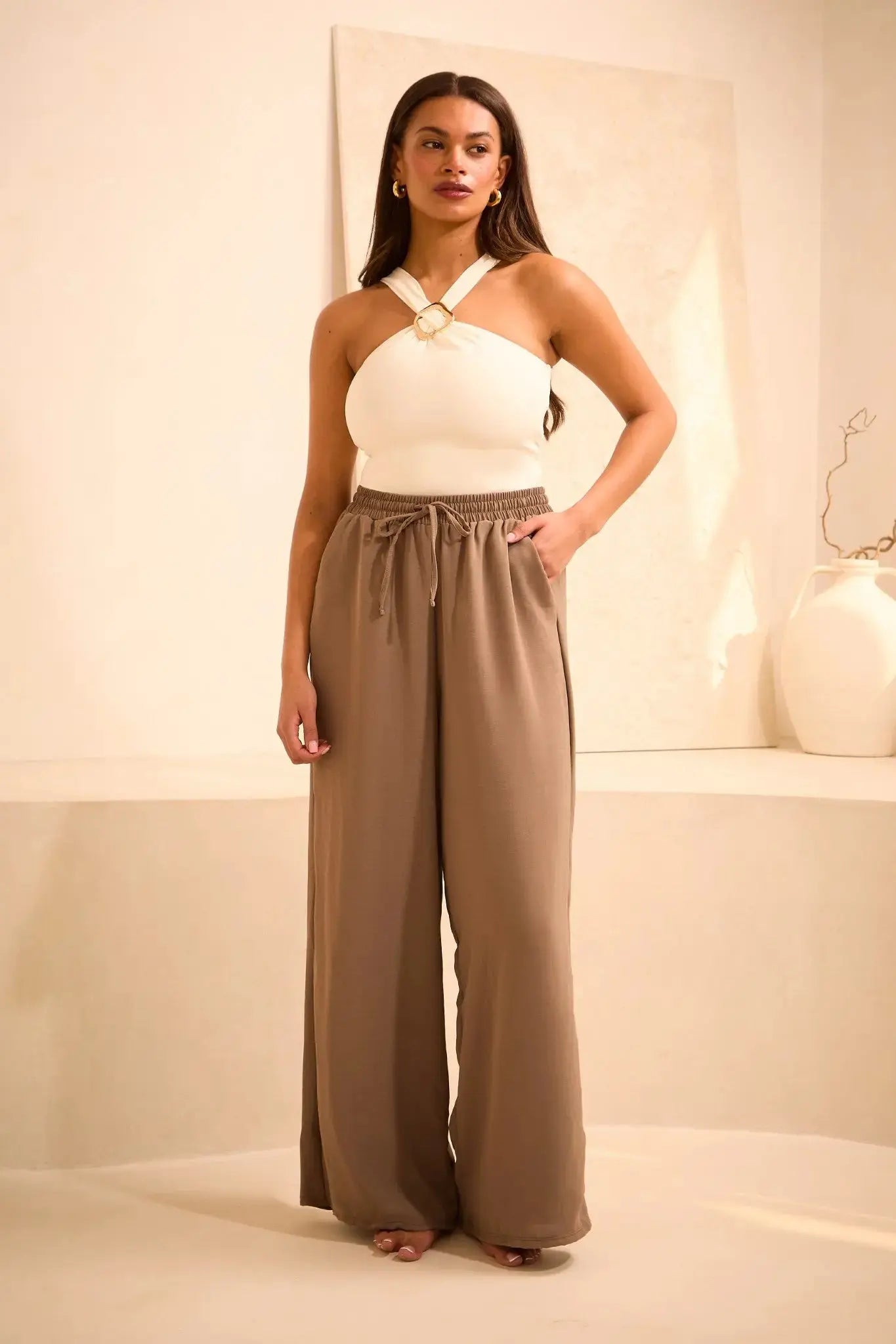 Gold Ring Detail Halterneck 'Nell' Bodysuit - Coconut (Limited Edition) RELR